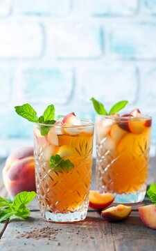 cold summer tea with peach and mint in glasses on the table