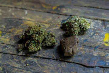 Closeup of medical marijuana products such as hashish, cannabis sativa and indica, and CBD