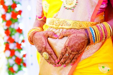 Closeup of Indian woman's hands on belly
