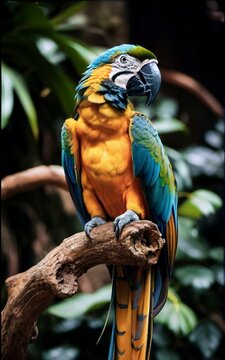 Endangered macaw perching on branch vibrant feathers beautifully