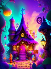 A cartoon house with trees and lanterns: Enchanted Evening in a Whimsical Cartoon Wonderland