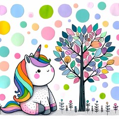 Chubby Unicorn with Rainbow Mane Beside a Colorful Whimsical Tree