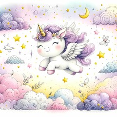 Whimsical Unicorn Fantasy in Pastel Skies: A Dreamy Child's Illustration