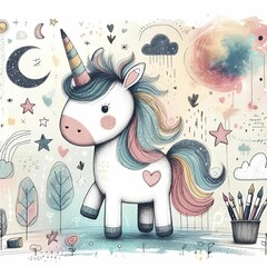 Fototapeta premium Whimsical Unicorn in a Dreamy Pastel Landscape