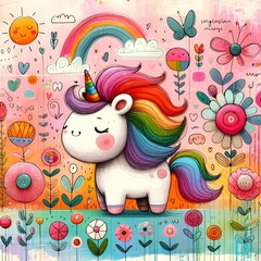 Whimsical Unicorn with Rainbow Mane in a Pastel Dreamland