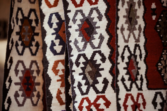 Colorful hand made carpets in a shop