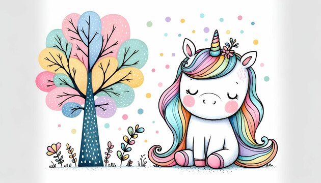 Whimsical Unicorn in a Childlike Fantasy World, Vibrant and Innocent