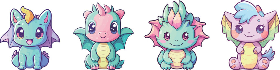 Obraz premium Vector illustration of four cartoon-style dragons against a white background.