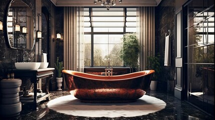 AI generated illustration of a luxury bathroom interior with a bathtub in the center of the room