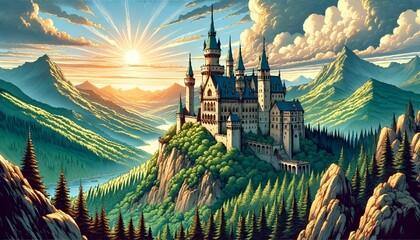 AI generated illustration of a medieval castle on a rugged mountain at sunset - obrazy, fototapety, plakaty