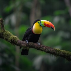 AI-generated illustration of a vibrant, colorful toucan perched atop a branch.
