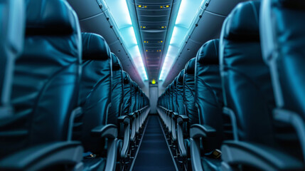 Close-up of a row of leather seats in an airplane cabin. Business trip concept. Generative AI