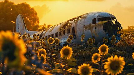 Old passenger plane in a field of sunflowers.