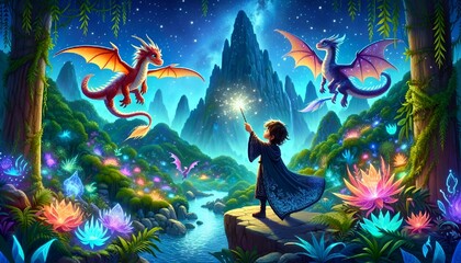 Enchanted Night: Young Mage Teaching Dragons to Fly in a Magical Realm. AI-generated