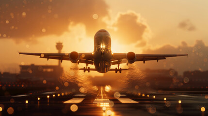 Fototapeta premium plane landing at sunset