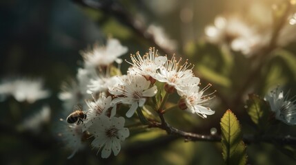 AI generated illustration of a bee on white, blooming flowers on a tree branch in sunlight