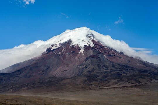 Stunning view of the snow-covered Chimborazo stratovolcano in Ecuador.