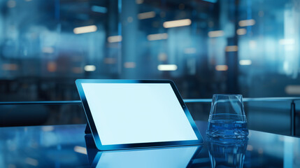 A tablet iPad phone device on the table business blue theme office background