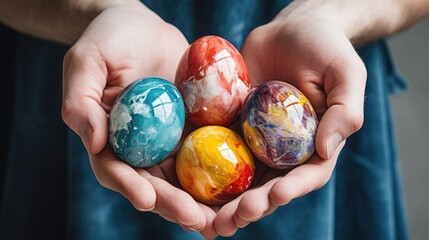 hands holding Traditional Easter colored eggs. marble, iridescent, multi-colored, stylish design.