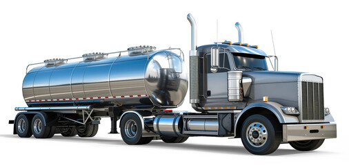 A large chrome fuel tanker truck isolated from the white or transparent background