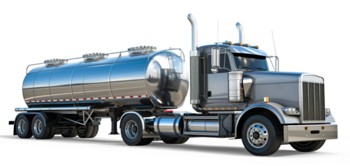 A large chrome fuel tanker truck isolated from the white or transparent background
