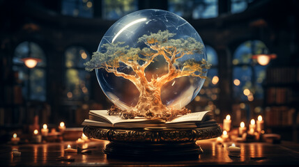 A light bulb containing a large tree, symbol of ecological knowledge - obrazy, fototapety, plakaty