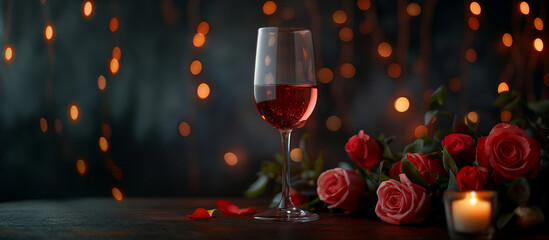 Wine, flowers and romance on valentines day for celebration of love, anniversary or honeymoon in still life. Glass, dinner and elegant date in dining room of home for event, milestone or occasion - Powered by Adobe