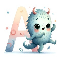 Whimsical Imaginary Monster and Letter "A" Watercolor - AI Generated Digital Art