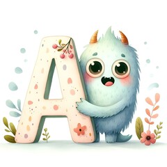 Whimsical Watercolor Monster Embracing Letter 'A' - AI Generated Digital Art