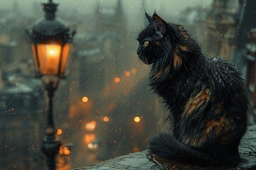 Feline Fashionista: A Black and Orange Cat in a Rainy City Generative AI
