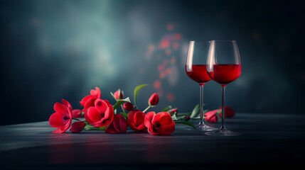 Wine, flowers and romance on valentines day for celebration of love, anniversary or honeymoon in still life. Glass, dinner and elegant date in dining room of home for event, milestone or occasion