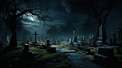 AI generated illustration of A moody cemetery scene featuring dark trees and tombstones