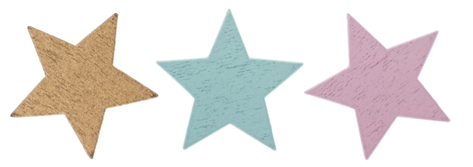 Set of 3 Wooden Stars. Metallic Gold, Pastel Pink and Light Blue Wooden Stars. No Background. Flat lay. No text. 