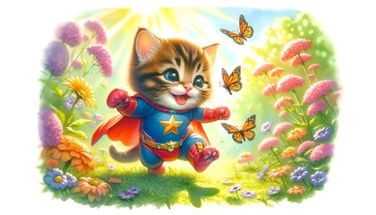 Joyful Kitten Superhero in Sunlit Garden Chase - AI Generated Digital Art