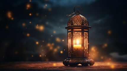 The brilliance of a burning candle inside a traditional Arabic lantern illuminates the night, filling hearts with Ramadan blessings. - obrazy, fototapety, plakaty