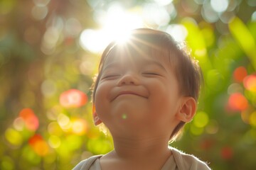Joyful Toddler Smiling in Sunlit Garden