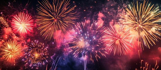 A mesmerizing display of purple, pink, and magenta fireworks illuminates the midnight sky, creating a breathtaking spectacle of entertainment and recreation at a water-based event.