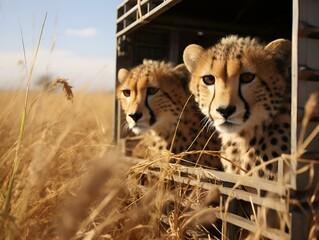 AI generated illustration of two cheetahs in a contained space, standing side by side