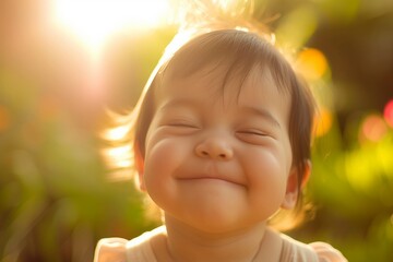 Joyful Toddler Smiling in Sunlit Garden