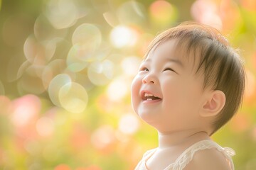 Fototapeta premium Joyful Toddler Smiling in Sunlit Garden