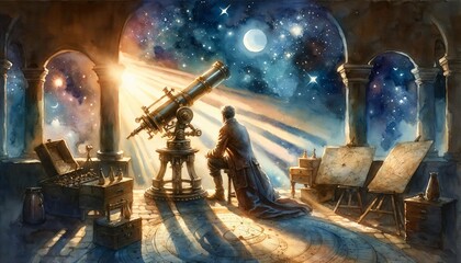 Astronomer's Solitude: A Starlit Night in Watercolor - AI generated digital art