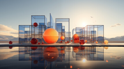 Orange buoy floats near industrial port with city skyline and ship in the background , abstract 3d...