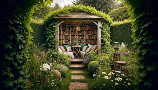 A Tranquil Reading Retreat in a Lush Garden Maze - AI generated digital art
