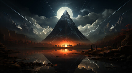 Fantasy landscape with mountain and moon. 3d illustration. Elements of this image furnished 