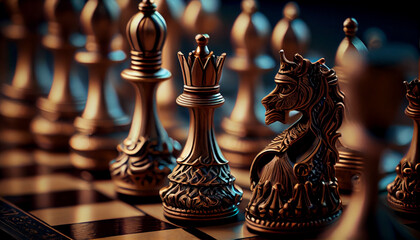 AI-generated illustration of a closeup of chess pieces on a checkered board.