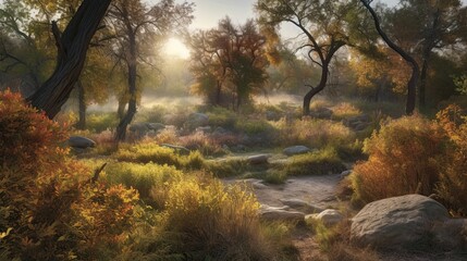 Obraz na płótnie Canvas AI generated illustration of a beautiful sunny vibrant autumn forest