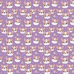 AI generated illustration of multiple cute puppies on a solid purple background