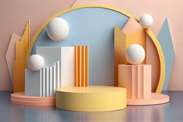 AI generated illustration of a podium for product presentation with geometric shapes