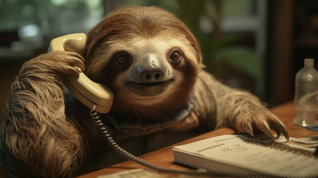 AI generated illustration of a cute sloth talking on a old wired telephone