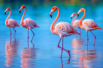 AI generated illustration of Five flamingos stand in shallow water with their legs outstretched.